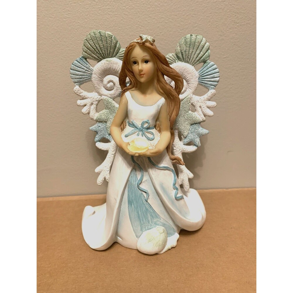Seashell Starfish Wings Angel Figurine Holding Shell Ocean Sea Coastal Decor